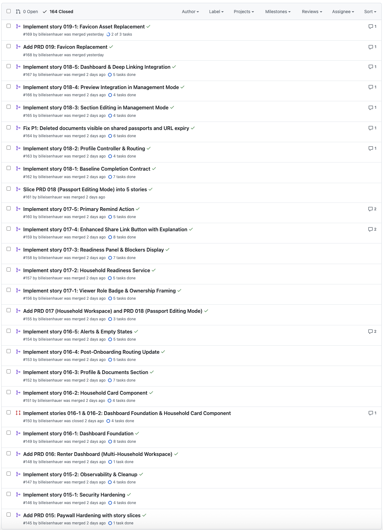 164 merged PRs in Rentizens showing rapid iteration