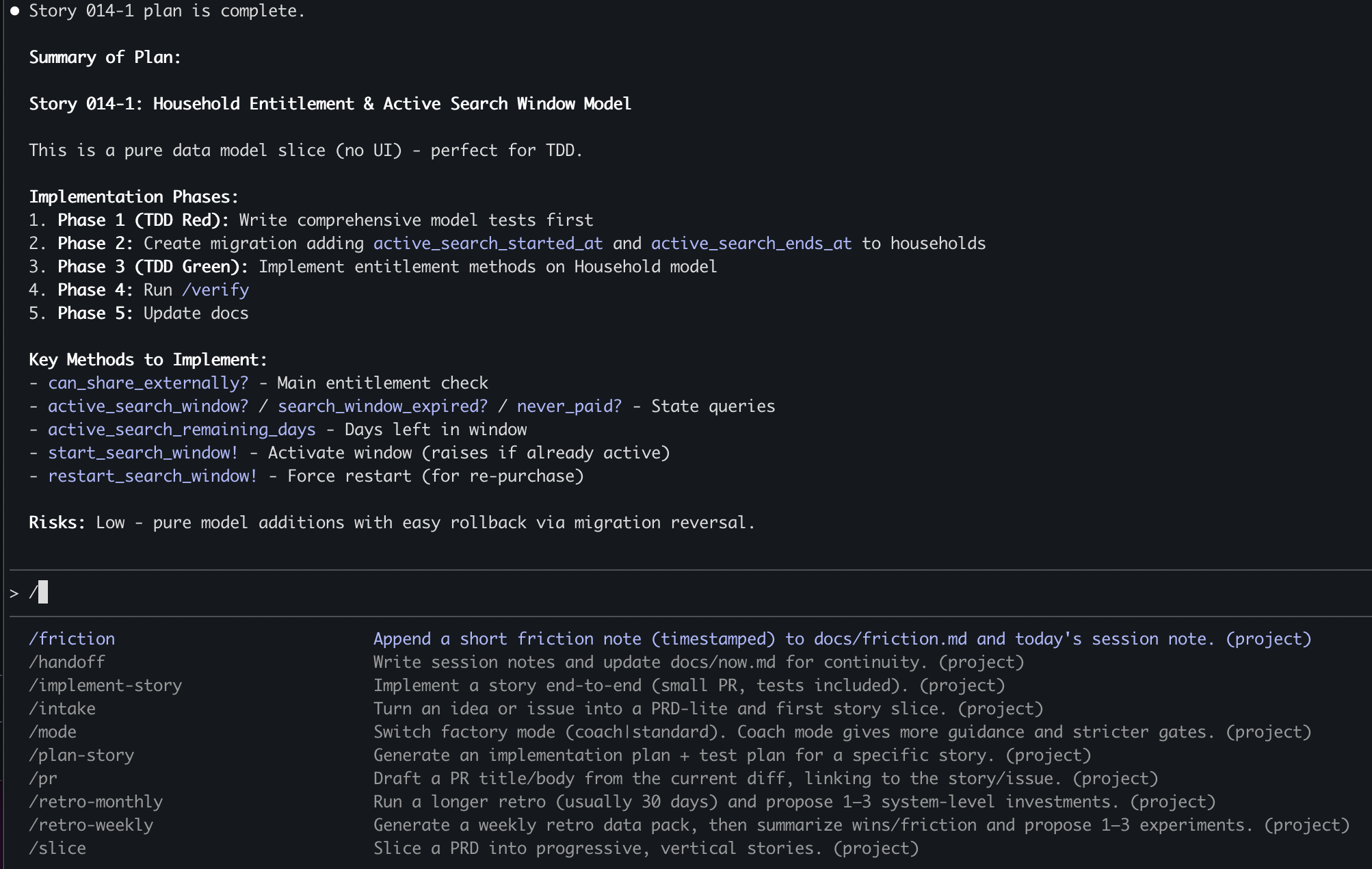 Story planning with TDD phases and custom slash commands